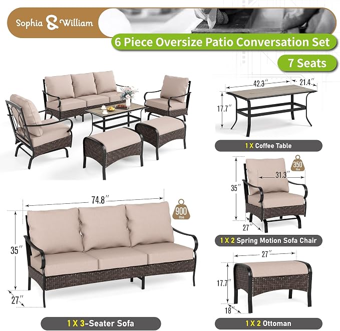 Sophia & William Patio Furniture Set, 7 Seats Metal Outdoor Conversation Set with 3-Seater Sofa, 2 Motion Chairs, 2 Ottoman, 1 Coffee Table for Seating Lawn Porch Backyard,Beige