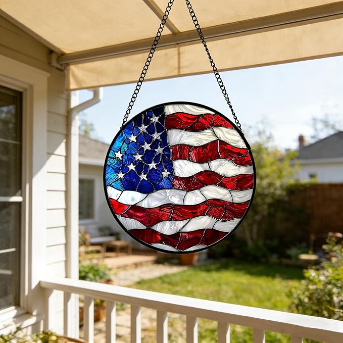 DASTOLL Stained Glass Window Hanging, Blue, White Red National Flag Pattern Sun Catchers Diamond Glass Panel Window Hangings Decor for Birthday Gifts for Women, Men, and Mom 11.8x11.8 in