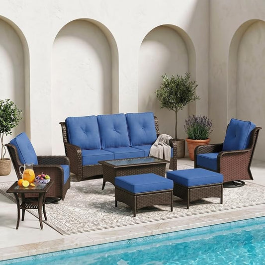 Sundale Outdoor 7 Piece Wicker Patio Furniture Set, High Back Outdoor Couch with Swivel Chairs, Ottoman & Coffee Table, 6" Thick Cushion Patio Conversation Sets with Deep Seating for Yard, Deck (Blue)