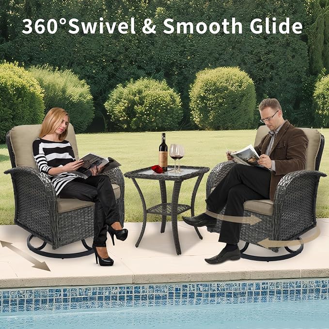 3 Piece Outdoor Swivel Rocker Patio Chairs, All-Weather Rattan Chair, Wicker Glider Patio Furniture Set with Side Table, for Garden, Backyard, Deck, Gray Rattan & Khaki Cushions