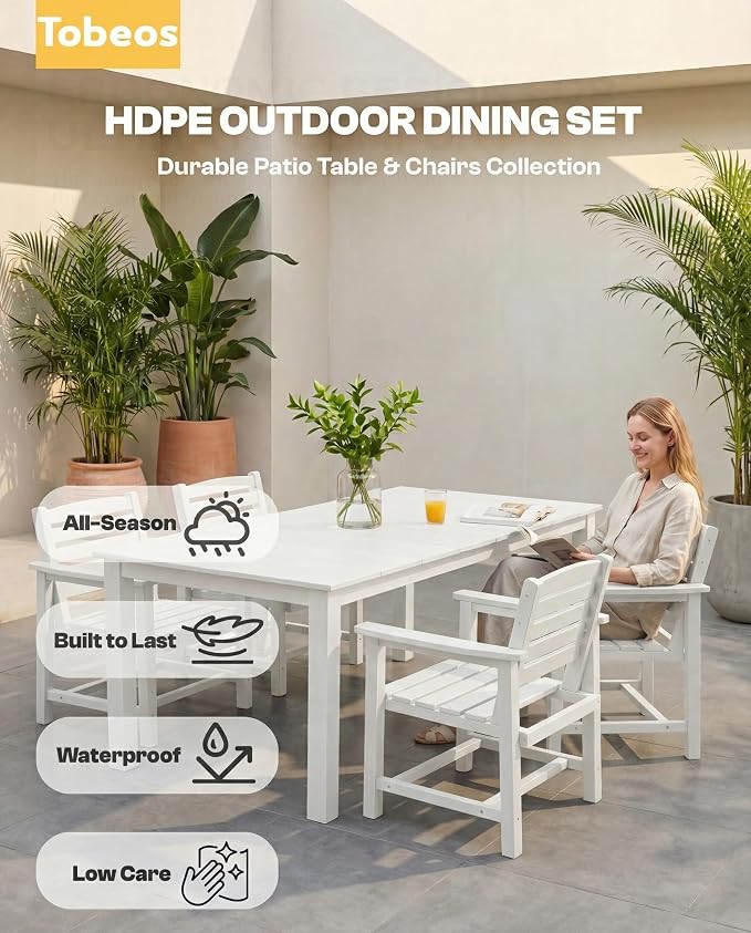 7-Piece Outdoor Dining Set with 15FT Umbrella for 6,White | HDPE table, chairs included, aluminum frame, weather-resistant furniture, perfect for yard, lawn, garden, deck
