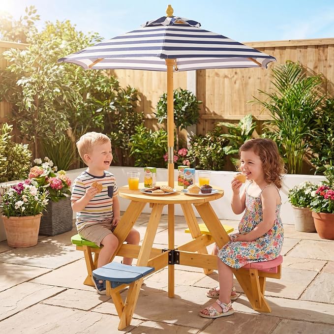 Costzon Kids Picnic Table, 4-Person Wooden Toddler Outdoor Table & Stool Set with Adjustable Umbrella, Wooden Kids Outdoor Furniture for Patio Backyard Lawn Garden