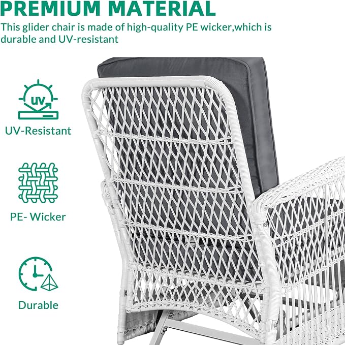 VIVIJASON 2-Piece Outdoor White Wicker Glider Rocking Chair, Patio Rattan Swing Glider Chairs with Cushions & Steel Frame, All-Weather Gliding Lawn Wicker Furniture for Garden Backyard Porch, Grey