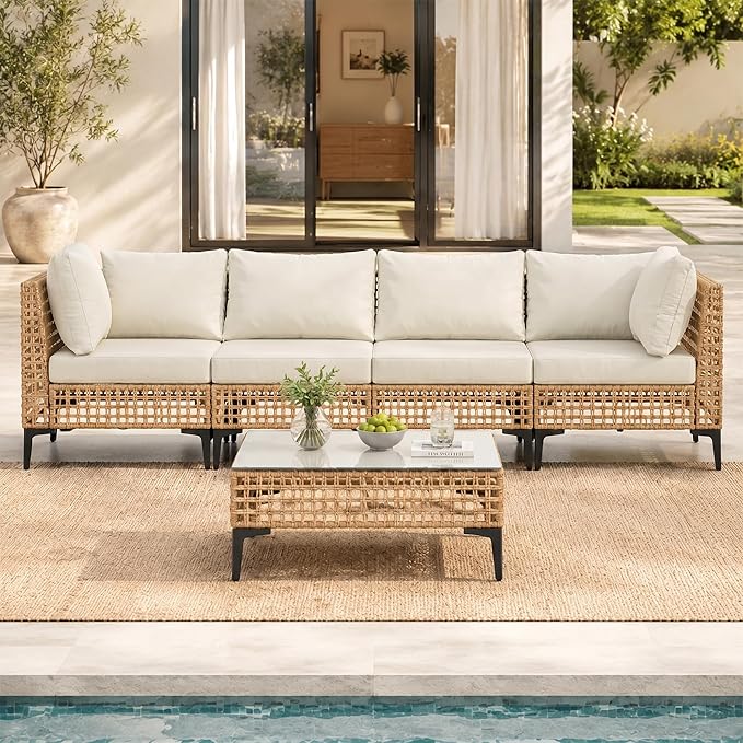 5-Piece Outdoor Wicker Patio Sectional Furniture Set, Beige | 4-Seat, PE rattan, All weather performance, Patio onversation set, for Backyard Porch Poolside Deck,