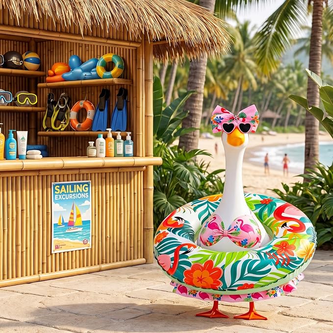 23 in Porch Goose Summer Outfit Bikini, Hawaiian Porch Goose Swimsuit Clothes Costume Accessories with Bow Glasses Swim Ring for 23" Summer Goose Garden Patio Statue Decor (Flamingos)