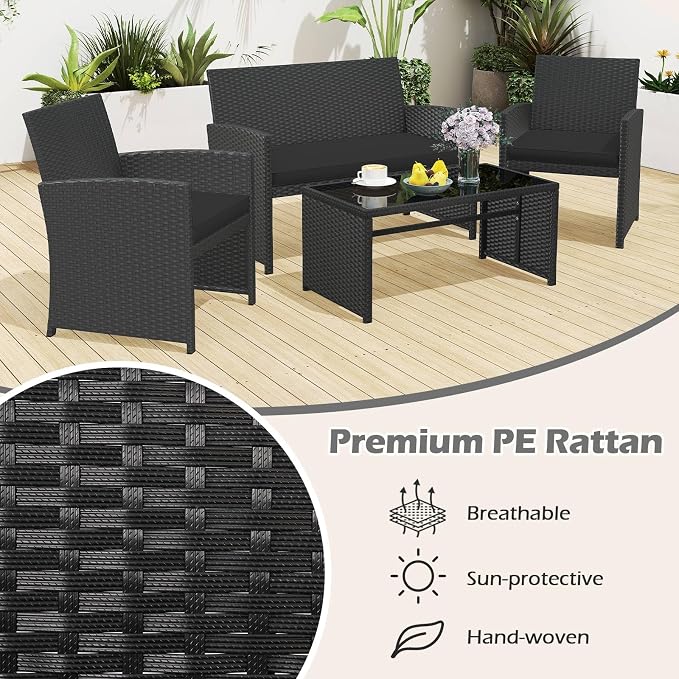 RELAX4LIFE 8-Piece Patio Furniture Set - Wicker Rattan Outdoor Sectional Sofa Set w/Glass Coffee Table, Loveseat, Chairs & Soft Cushions, Bistro Conversation for Garden Porch (2, Black-Black)