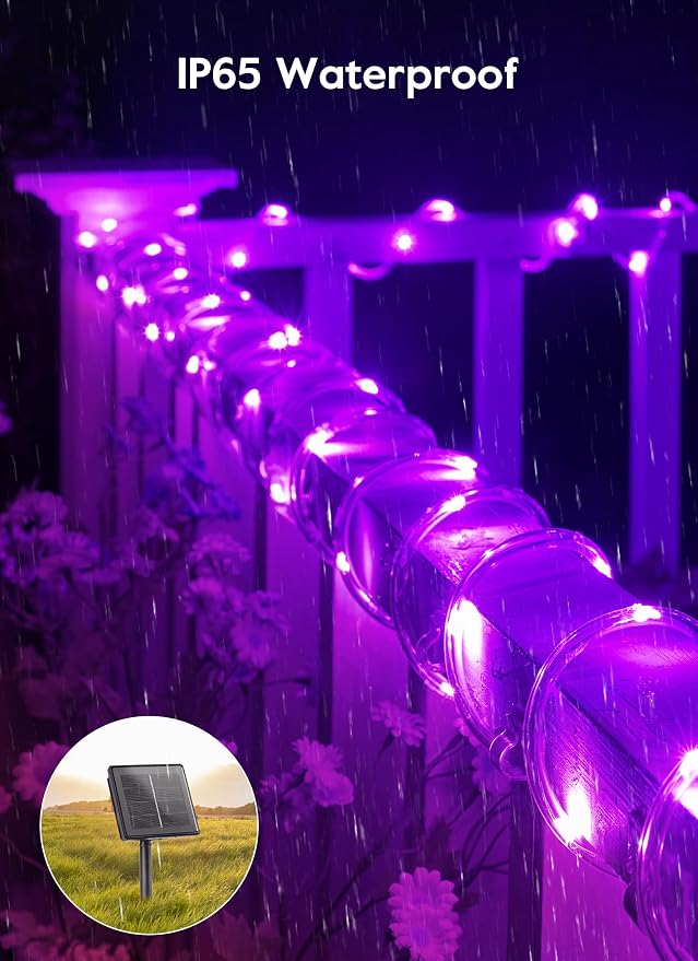 Brightown 39FT 100LED Halloween Solar Rope Lights, Purple | IP65 Solar Fairy Lights with 8 Lighting Modes, Halloween Decoration Outdoor for Party Garden Yard Holiday Tree Decoration