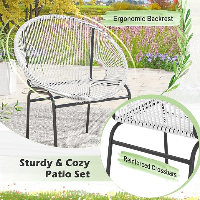 COSTWAY 3-Piece Outdoor Acapulco Chair Set, Wicker Conversation Bistro Sets with Plastic Rope, Glass Top Table, Patio Rattan Furniture Set for Garden, Balcony, Lawn, Backyard, Apartment, White