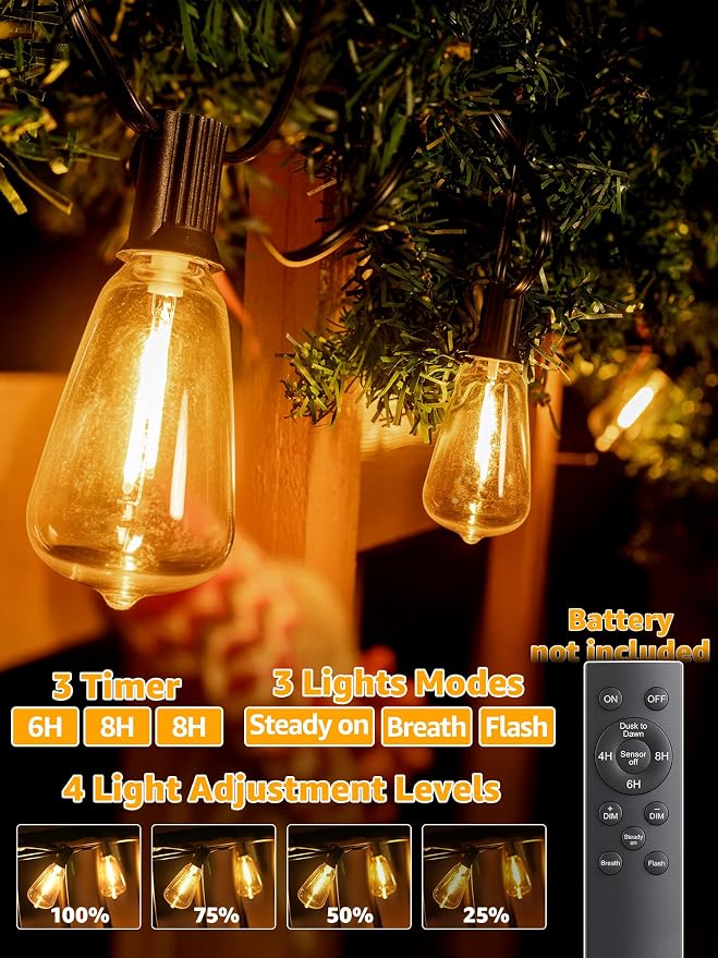 Outdoor String Lights Dimmable with Remote, 150 FT Outdoor Lights with 2 Timer and 3 Mode, Waterproof & Shatterproof Patio Lights, 2200K Energy Saving String Lights 4 Spare Bulbs for Patio Yard