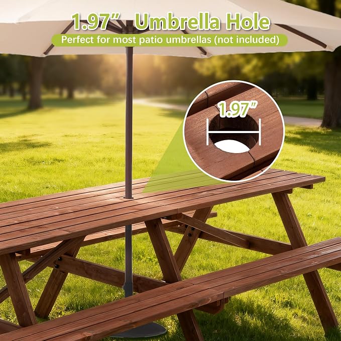 12-Person Picnic Table Set, 95-Inch Extra Large Outdoor Wooden Table with Benches & Umbrella Hole, Rustic Brown Patio Furniture for Garden, Backyard (Brown, 94.5")