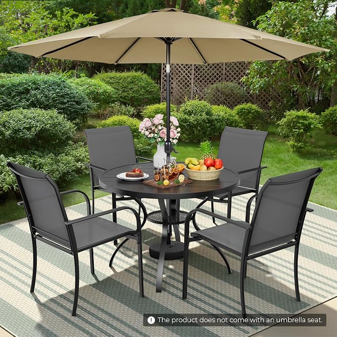Incbruce 6 PCS Patio Dining Set with Brown Umbrella, Outdoor Dining Set of 4 Textilene Chairs and 41" Round Table with Umbrella Hole for Backyard, Garden, and Poolside (Grey)