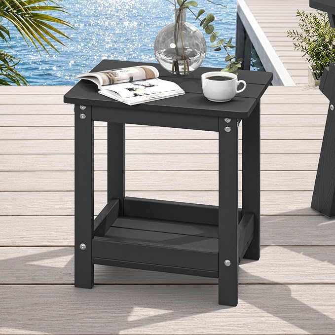 LUE BONA Outdoor Side Table, 2-Tier HDPE Small Outdoor End Table with Rail for Patio, Deck, Poolside, Low Maintenance & Weather Resistant, Black