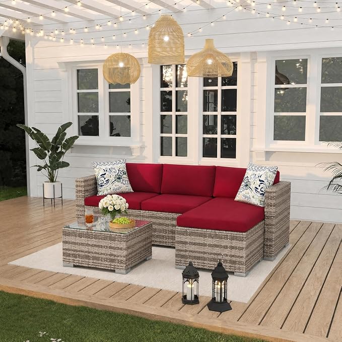 GarveeHome 5 Pieces Patio Sectional Furniture Set, All Weather Wicker Rattan Sectional Sofa, Patio Conversation Set with Cushions and Glass Coffee Table for Backyard Porch Garden Balcony, Red