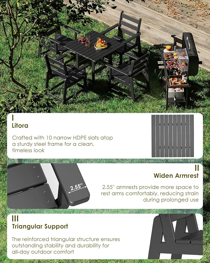 GREENVINES 5-Piece-Outdoor-Dining-Set | HDPE | Square | Patio Furniture | All Weather | Removable Armrests | Slatted Table and Chairs Sets for 4 | for Backyard Poolside Garden | Black