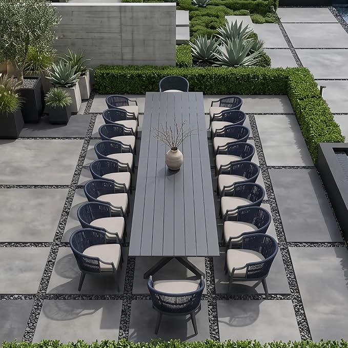 PURPLE LEAF 20 Pieces Outdoor Dining Set All Weather Wicker Patio Dining Set with Rectangular Aluminum Table and Modern Armrest Dining Chairs for Garden Deck Backyard Kitchen, Grey