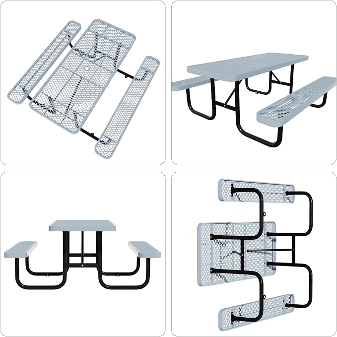 4 FT Metal Picnic Tables for Outdoors, Industrial Expanded Metal Patio Dining Table with Benches & Umbrella Hole, Outside Table Rectangular Table Furniture Set for Garden, Lawn, Parks