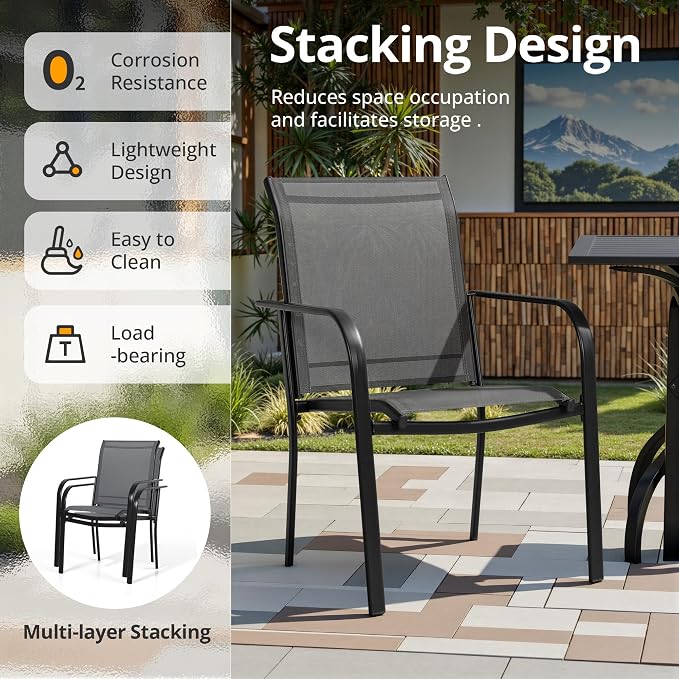 Crownland 7 Piece Patio Dining Set, Outdoor Textilene Dining Sets, 6 Textilene Metal Chairs and Rectangular Outdoor Dining Table with Dark Blue 9FT Round Outdoor Umbrella (Grey)