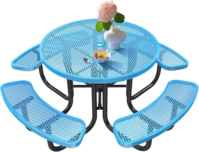 Ceridwen Heavy Duty Picnic Table with 4 Benches, Expanded Metal Steel Mesh Outdoor Patio Dining Table Bench Set with Umbrella Hole,Outdoor Patio Dining Table for Garden (Round, Blue, 46FT)