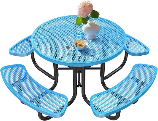 Ceridwen Heavy Duty Picnic Table with 4 Benches, Expanded Metal Steel Mesh Outdoor Patio Dining Table Bench Set with Umbrella Hole,Outdoor Patio Dining Table for Garden (Round, Blue, 46FT)