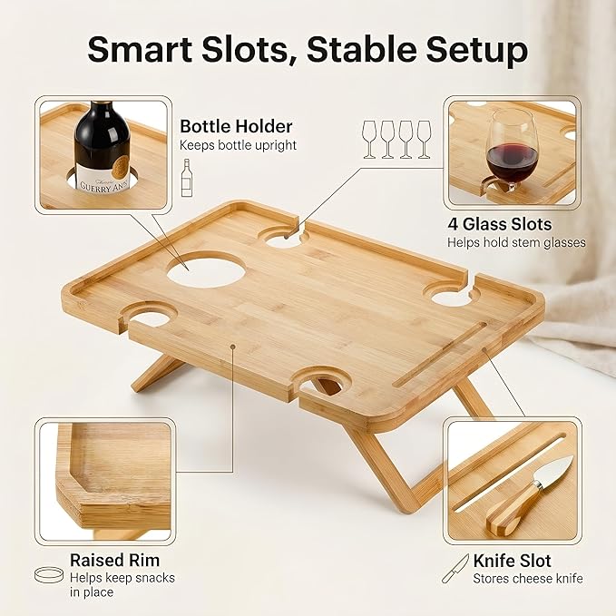 Kingrol Bamboo Picnic Wine Table, Foldable Outdoor Snack Table with Bottle Holder, 4 Glass Slots and Knife Slot, 16.1 x 12.5 x 6 in