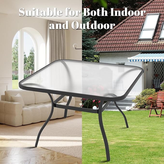 Outdoor Dining Table with Tempered Glass & 1.7" Umbrella Hole, 4 Person Patio Table for Garden Backyard Poolside