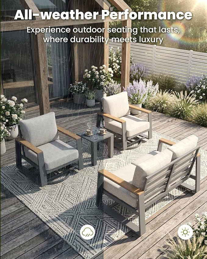 Aluminum Outdoor Patio Furniture Set, 4-Piece Patio Conversation Set with 5" Thick Cushions, Aluminum 360-Degree Large Outdoor Furntiure Set with Side Table and 3-Seat Sofa, Gray