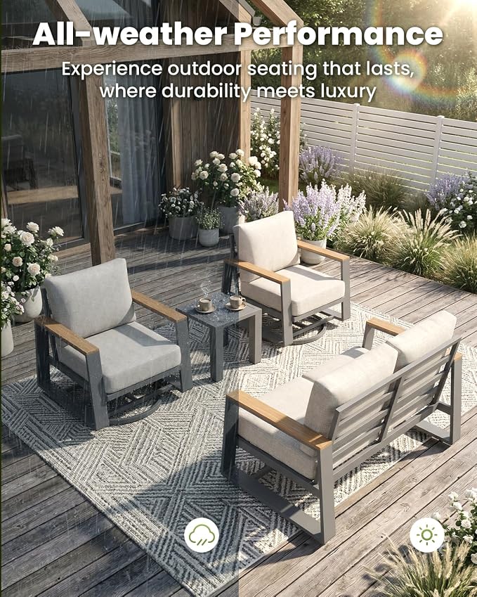 Outdoor Swivel Patio Chairs Set of 3, Aluminum Large 3-Piece Outdoor Patio Conversation Furntiure Set with Side Table, Luxury Wider Seat & High Back Bistro Table and Chairs Set of 3, Gray