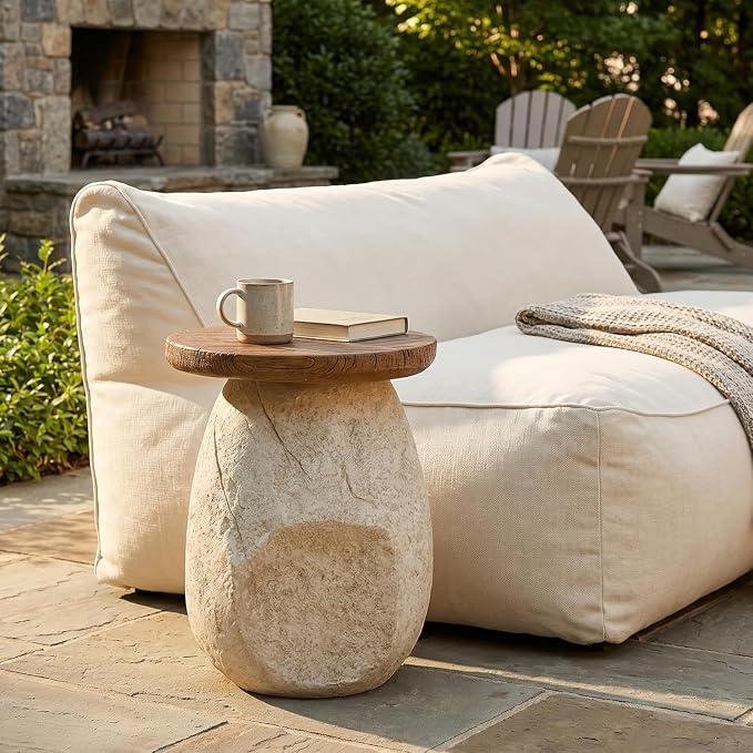 Merax Small Outdoor Patio Side Table, Modern MGO Round Accent End Table with Pear-Shaped Base & Faux Wood Grain Top, Beige Sculptural Finish, 19.3" Height Side Table for Poolish Garden Balcony