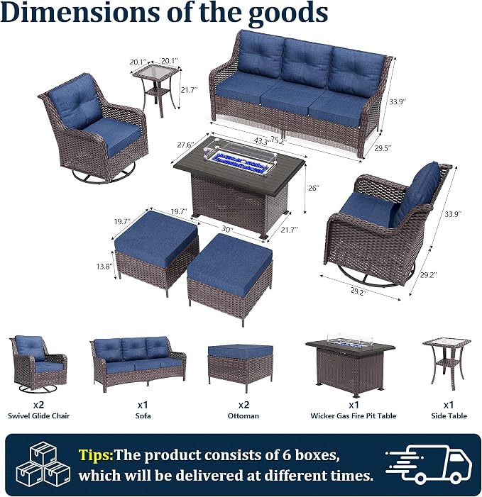 7-Piece Patio Furniture Set,Outdoor Conversation Sets w/Fire Pit Table&High Back Wicker Swivel Rocker Chairs,All-Weather Wicker Sectional Sofa for Deck,Yard and Poolside,Navy Blue