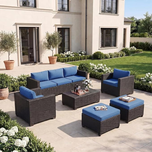 LazySunsets 6-Piece Outdoor Patio Furniture Set, Rattan Outdoor Sectional with Thick Waterproof Cushions, Wicker Ottomans & Waterproof Cover, Patio Conversation Set for Garden, Backyard, Navy Blue
