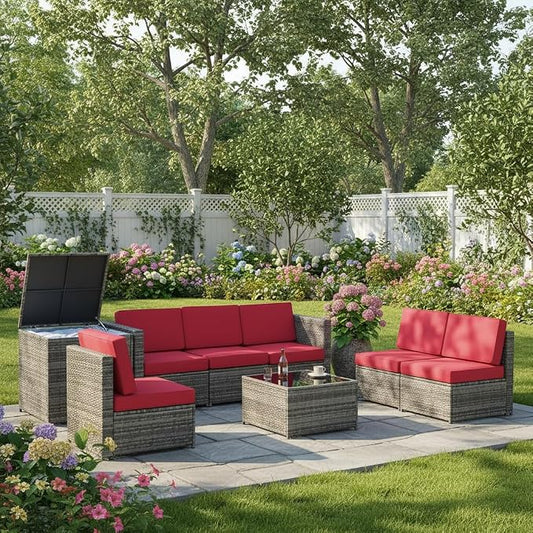 Tangkula 8 Pieces Wicker Patio Furniture Set with Storage Deck Box, PE Rattan Outdoor Sectional Sofa Conversation Set with Coffee Table & Cushions, Outside Furniture for Garden Yard Poolside (Red)