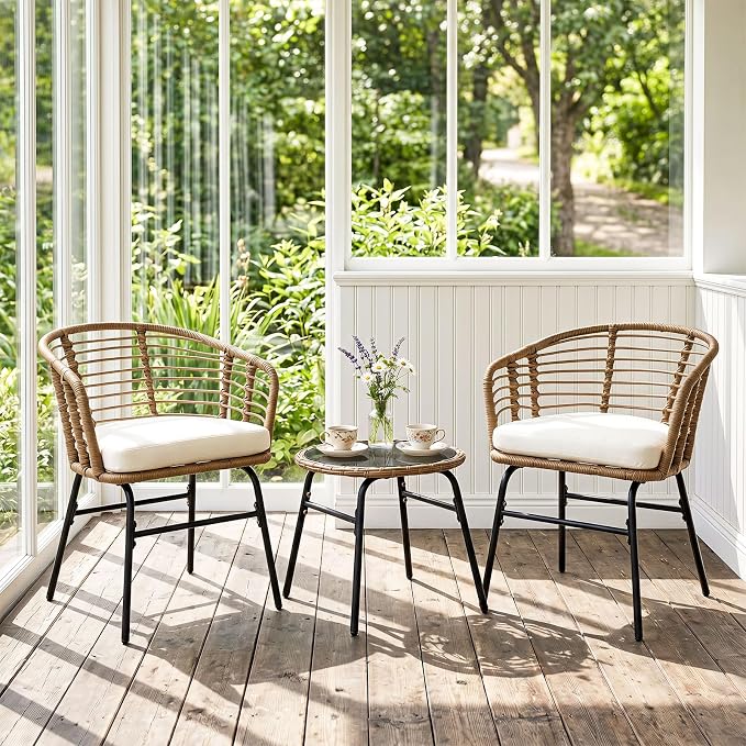 Tangkula 3 Pieces Patio Furniture Set, PE Rattan Bistro Chairs with Tempered Glass Coffee Table and Soft Cushions, Outdoor Wicker Conversation Set for Porch, Balcony, Garden and Poolside (Off White)