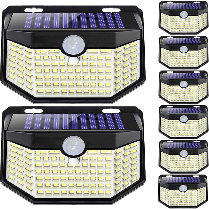 HMCITY 120 LED Outdoor Solar Lights with Motion Sensor and 3 Lighting Modes, IP65 Waterproof Wide Solar Wall Lights Ideal for Garden Patio Yard (Front Button 8Packs, Black Shell-Daylight White)