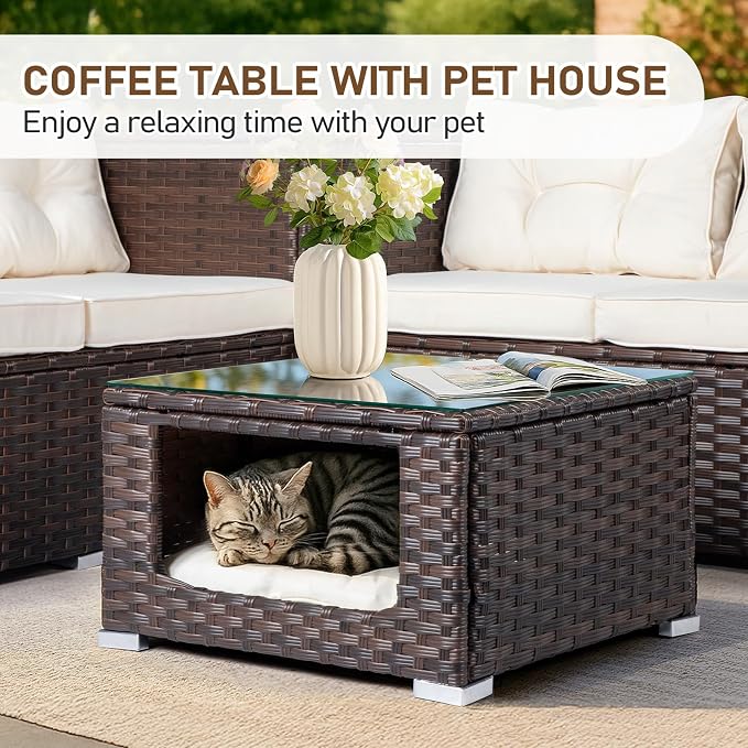 VINGLI 4 Pieces Outdoor Sectional Wicker Patio Furniture with Storage, Patio Sectional Sofa Outdoor Couch Conversation Set, Glass Top Coffee Table for Backyard, Pool, Garden(Brown)