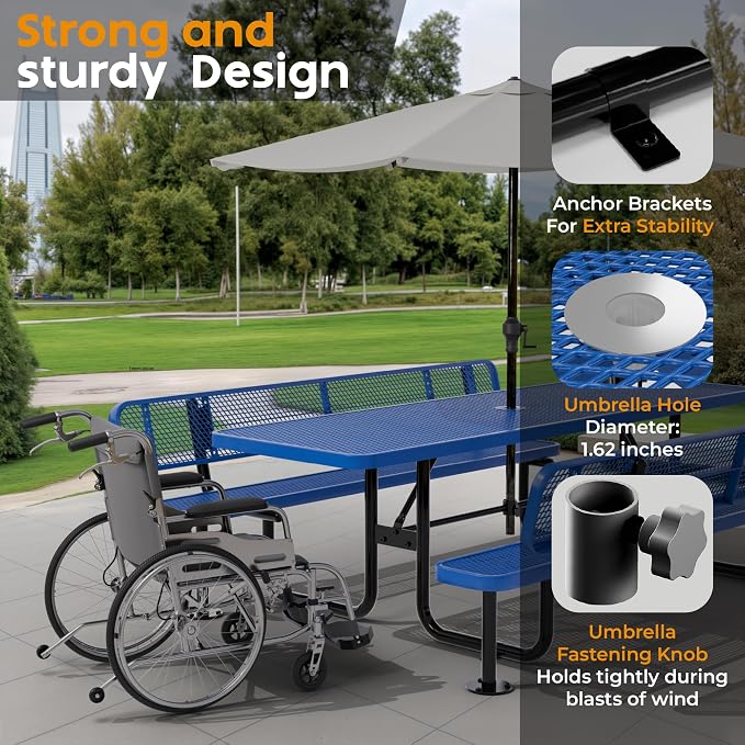 Commercial Heavy-Duty Metal Picnic Table (Blue, 8' Rectangular with Back)
