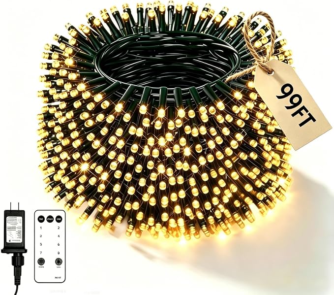 99ft 100 LED Warm White Christmas Fairy String Lights, Remote | 8 modes with timer function; perfect for indoor or outdoor house, bedroom & room aesthetic decoration or holiday party decor.