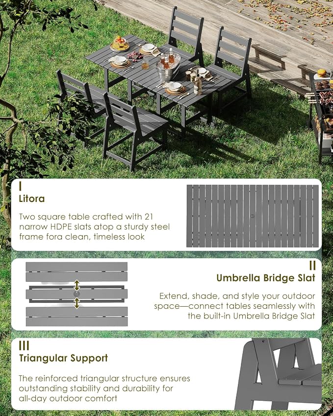GREENVINES 5-Piece-Outdoor-Table-and-Chairs | HDPE | Patio Furniture | Slatted Dining Sets for 4 | Armless Chair | Connectable Tables | All Weather | for Backyard Poolside Garden | Grey