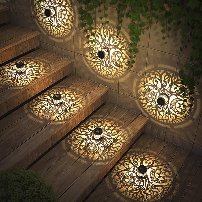 gardencave 2 Pack Solar Fence Lights Metal Solar Powered Outdoor Wall Deck Step Lights Tree Theme Waterproof Fence Light for Garden Post Patio Backyard Yard Decor (Tree, 2 Pack)
