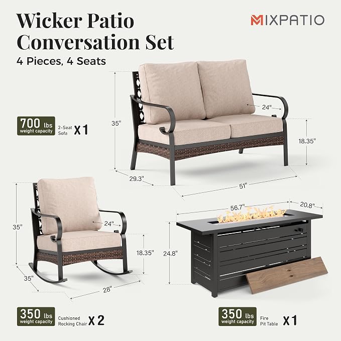 MIXPATIO Patio Furniture Set with Firepit Table, Black Frame Outdoor Conversation Set with 2 x Rocking Chair, 1 x 2-Seat Sofa for Lawn Garden Backyard, Beige