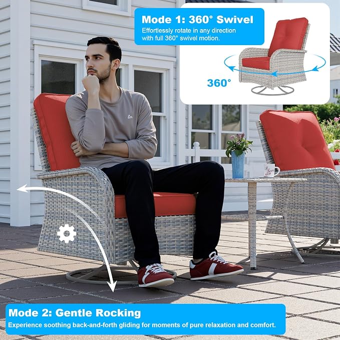 12-Piece Patio Furniture Set, Outdoor Patio Furniture with Swivel Chairs Set, Ottomans, Modular Patio Sofa, Dual-Strand Wicker Rattan, Rust-Resistant Frame, Red