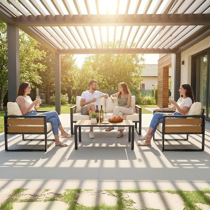 Furnimart Patio Furniture Set, 4-Piece Metal Outdoor Sectional, 4-Seat Patio Conversation Set with Deep Seating, Thick Cushions & Coffee Table for Backyard, Porch & Deck, Beige