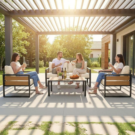 Furnimart Patio Furniture Set, 4-Piece Metal Outdoor Sectional, 4-Seat Patio Conversation Set with Deep Seating, Thick Cushions & Coffee Table for Backyard, Porch & Deck, Beige