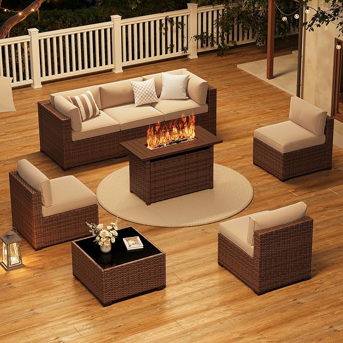 LazySunsets 8-Piece Patio Furniture Set with 44" Fire Pit Table, Wicker Outdoor Furniture, Patio Conversation Sets with Coffee Table, Outdoor Sectional Couch, Beige