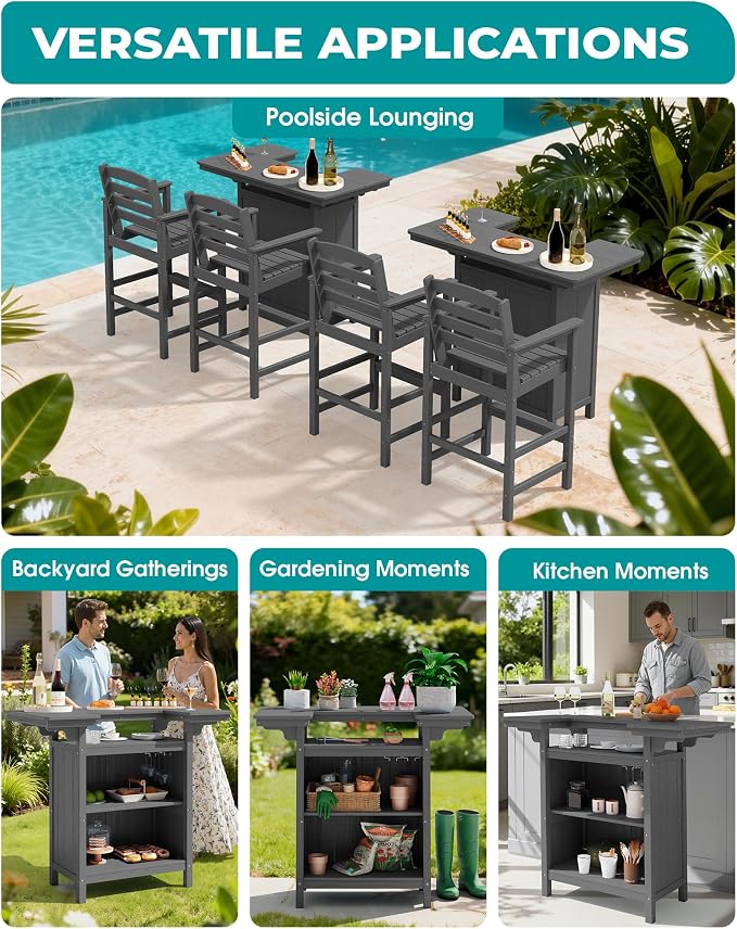SERWALL Outdoor Bar Table,Patio Bar Cabinet with 4-Tier Storage and Spacious Tabletop for Outside,Poolside, Backyard,Made of HDPE,Gray
