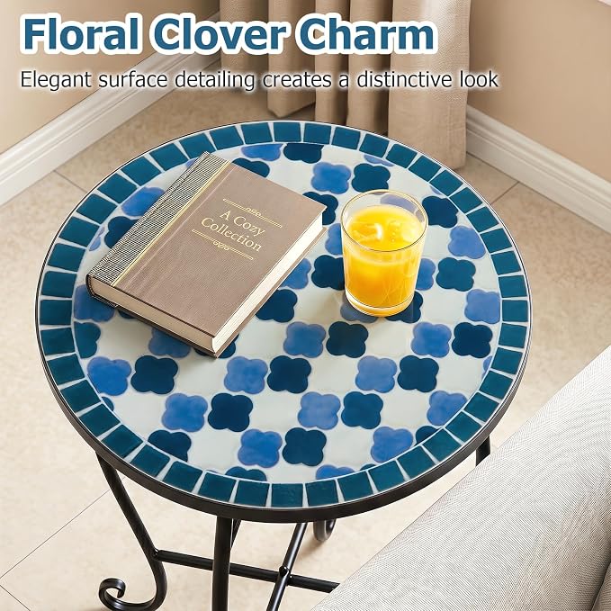 Giantex Outdoor Side Table, Floral Clover Mosaic Patio Accent Table, 14" Coffee End Table, Indoor Outdoor Metal Plant Stand for Porch Garden Balcony Desk