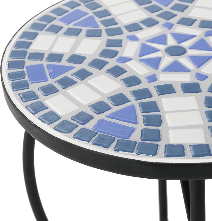Blue White Mosaic Tile Round Side Table, Coastal Patio End Table with Curved Black Wrought Iron Legs, Weather Resistant Small Accent Table for Balcony Backyard Porch Living Room