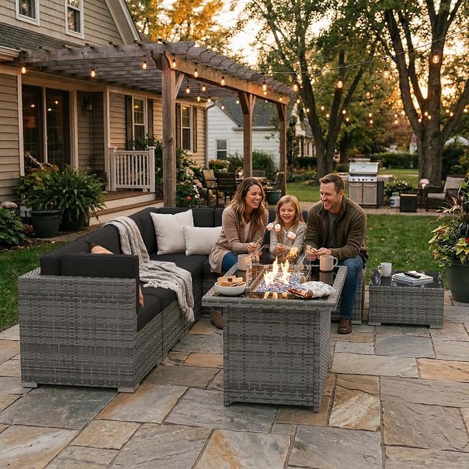 15 Pieces Patio Furniture Set with 44" Propane Gas Fire Pit Table, Outdoor Sectional Wicker Conversation Sofa Sets with Coffee Table