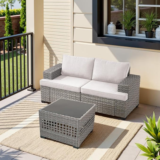 Belord 2 Piece Wicker Outdoor Loveseat with Coffee Table, 10" Wide Armrest Patio Loveseat Sofa Furniture Set for Patio Porch Deck Balcony