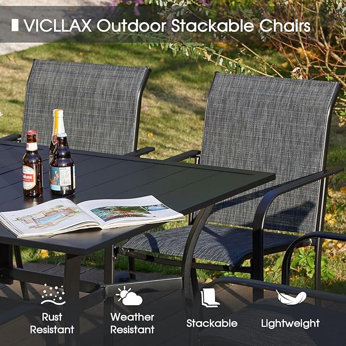 VICLLAX Patio Table and Chair Set of 10, All Weather Metal Round Outdoor Dining Furniture Set-59.9" Round Outdoor Table and Chairs, Grey Tabletop