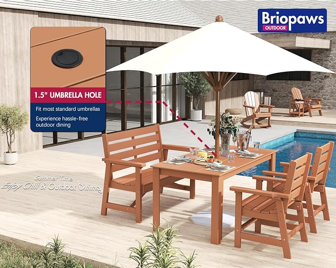 BRIOPAWS Outdoor-Dining-Table-Set | 4 Piece | HDPE | 1 Bench and 2 Chairs Sets for 4 | Patio Dinner Furniture | All Weather | Umbrella Hole | for Poolside Deck Backyard Outdoors | Teak
